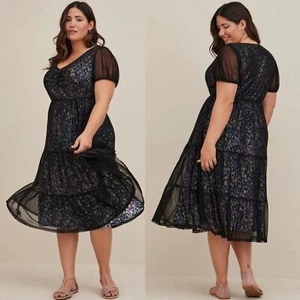 TORRID Multicolor Babydoll A-Line Midi Dress Whimsical Mesh Overlay Cottagecore - Picture 1 of 14