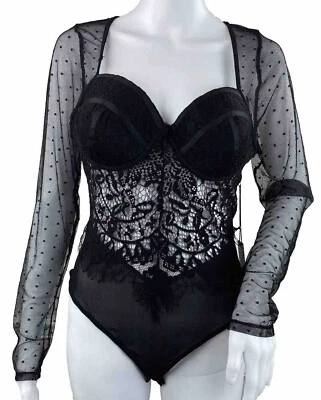 Haute Monde Black Lace Bodysuit Sheer Mesh Padded Underwire Bra 2 Snaps Size L - Image 1 of 4