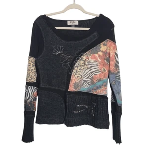 Top maglia patchwork Talk Of The Walk vintage anni 90 taglia L nero nylon lana perline trasparente - Foto 1 di 6