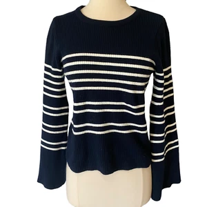 Topshop marineblau weiß gestreifter Langarm Strickpullover Gr. 2P/kleine ausgestellten Ärmel - Bild 1 von 8