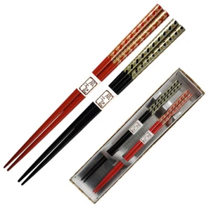 2 Pairs of Japanese Wooden Lacquer Red Black Ajiro Chopsticks Set Made in Japan - Bild 1 von 1