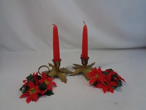 Vintage Penco Brass Holly Leaf Taper Candle Holders (2) w/ Poinsettia Ring - Picture 1 of 5