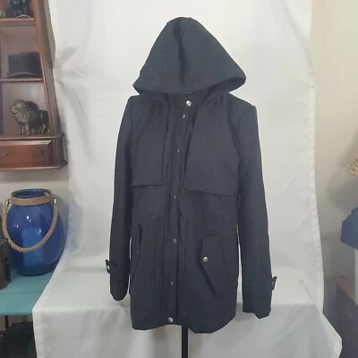 New Women Large Coat Wool Blend Grey Hooded Zip Snap Lined Jacket Tag "New Look" - Image 1 of 4