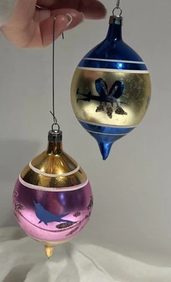 2 VTG  Christmas Glass Teardrop Ornaments  Hand Painted 3" Made In Poland - Image 1 of 4