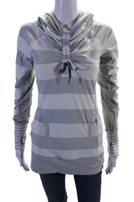 Lululemon Womens Striped Long Sleeves Drawstring Hooded Blouse Gray White Size 6 - Image 1 of 4