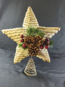 Plush Yarn And Rope Wrapped Wire Christmas Tree Topper Holly Berries Pine cones - Picture 1 of 7