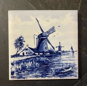 Vintage Dutch Delft Blue Windmill Tile Hand Painted In Holland 4” x 4” - Picture 1 of 3