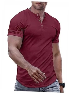 Men's Muscle Slim Henley Shirts Crewneck Longline T-Shirt Gym Large A Red - Picture 1 of 7