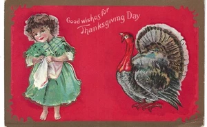 Little girl and turkey Thanksgiving 1915 postcard with Perry, NY flag cancel - Picture 1 of 2