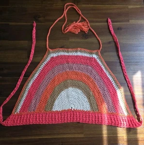 Vintage 90s Y2K Crochet Crop Halter Top Tie Back Boho Hippy Grunge Fairy Fest - Picture 1 of 5