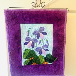Quilted Pieced Fabric Violets on Decorative Metal hanger Detailed Collectors - Picture 1 of 9