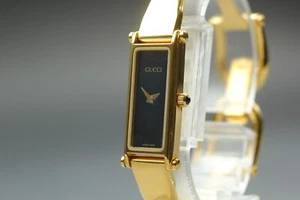 *N MINT* Vintage GUCCI 1500 Black Dial Gold Bangle Women Quartz Watch From JAPAN - Picture 1 of 10