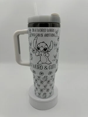 40oz Insulated Tumbler Laser Engraved Disney Stitch "Be Weird and Cute" in White — 第 1/4 张图片
