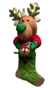 VINTAGE Christmas 24in Reindeer GreenRedGold Stocking Quilted Washable 100%Nylon - Picture 1 of 9