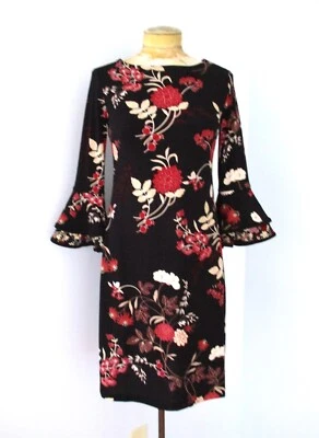 NWT $80 Charter Club Black Red Floral Stretchy Knit Sheath Dress Bell Cuffs PP - Image 1 of 4