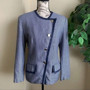 Halston Vintage Houndstooth Navy Blazer Sz 8 - Picture 1 of 16