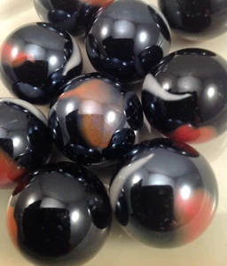 Glass Marbles 1"  - 12oz bag Black w/orange & white swirls 16pcs - Picture 1 of 2