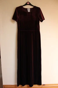 Vintage 1990s Laura Ashley Dark Red Velvet Velour Short Sleeve Long Dress Small - Picture 1 of 15