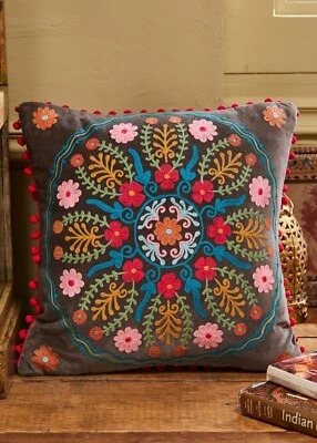 Velvet Cushion Cover Grey Cotton Multi Colour Floral Embroidery  45 cm x 45 cm - Image 1 of 4