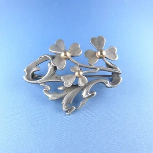 Broche de trébol Art Nouveau de plata de ley / prendedor antiguo - Imagen 1 de 4