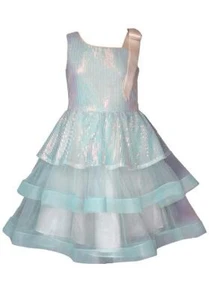 NEW Bonnie Jean Girls Size 14 "MINT SEQUINS MESH" Shoulder Bow Dress NWT - Picture 1 of 4