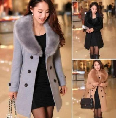 Winter Women's Winter Coat Long Wool Jacket Fur Collar Slim Outwear Trench coat - Image 1 of 4