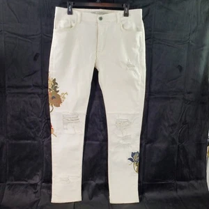 Zara Man Sport Department Womens Jeans Size 34 White Embroidered Stretch Floral - Picture 1 of 15