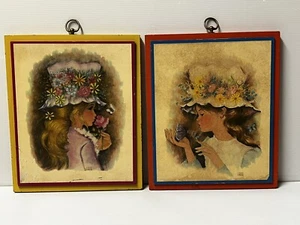 2 Vintage A. Gruerio Flower Girls Pressed Wood Wall Hanging MCM Retro Kitschy - Picture 1 of 11
