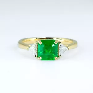 Emerald Cut Emerald Ring | Colombian Emerald and Trillion Cut Diamonds Ring - Picture 1 of 8