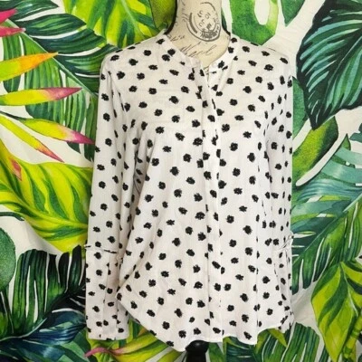 Lord & Taylor L Ivory Black Silver Pleated Sleeve Office Work Button Down Blouse - Image 1 of 4