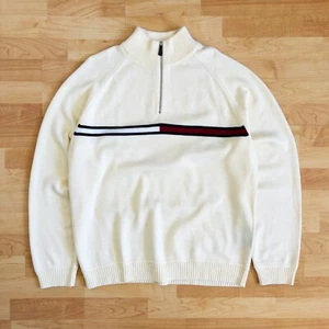 Vintage 90s Tommy Hilfiger Logo Quarter Zip Knit Sweater XL Cream 100% Cotton - Picture 1 of 9