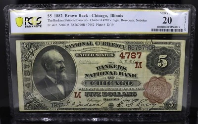 1882 $5 Brown Back-Chicago, Illinois Fr#472 Rosecrans/Nebeker PCGS VF20 - Image 1 of 2