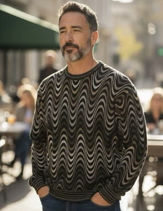 Vitg90’s Tundra Black Brown Wavy Fall Textured Sweater Large Rare Coogi Style - Picture 1 of 10