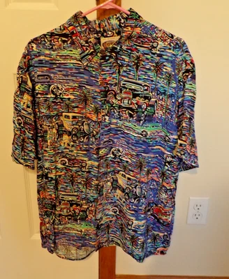 ART OF EDDY Y REYN SPOONER ANTIQUE CAR THEMED MEN'S XL SS BUTTON SHIRT COLORFUL - Image 1 of 4