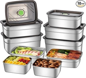 Juego de contenedores de almacenamiento de alimentos de acero inoxidable de 10 piezas tapas herméticas caja fuerte para lavavajillas - Imagen 1 de 2