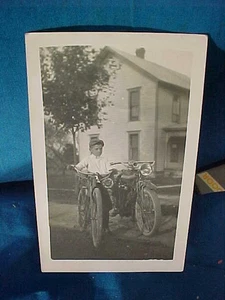 Early 20thc BOY w INDIAN MOTORCYCLE + Bicycle w PENNANT REAL PHOTO POSTCARD - Picture 1 of 3