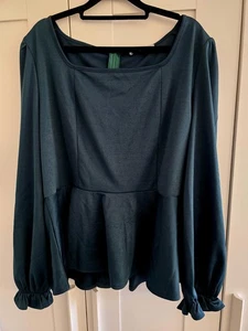 Racing Green Peplum Square Neckline Long Sleeve Baloon Cuffed Top Size 2xl (20) - Picture 1 of 1