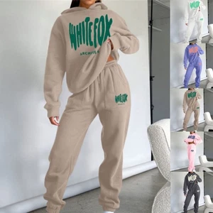 UK Ladies White Tracksuit Causal Workout Outfits Hoodie Trousers Womens Fox Set - Picture 1 of 12
