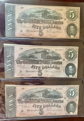 3 Consecutive serial #’s 1864 T-69 $5 Confederate Notes - CIVIL WAR Era CU -Nice - Image 1 of 4