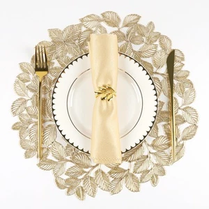 Gold Leaf Placemats Set of 6 Metallic Table Place Mats Wipeable Round Pressed... - Picture 1 of 7