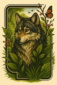 Caprichosa impresión de retrato de lobo en 3D - arte de pared forestal con mariposa y hojas - Imagen 1 de 11