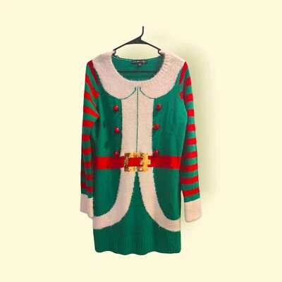 Christmas Elf Sweater Dress. Green & Red With Real Jingle Bells. Women's Size M - Image 1 of 4