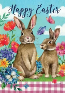 Happy Easter, Brown Bunnies, Flowers, Garden Flag 12"x18", Custom Decor, 2 Sided - Picture 1 of 1