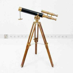 Nautical Navy Brass Double Barrel 18" Telescope With Wooden Tripod Stand Marine - Picture 1 of 5