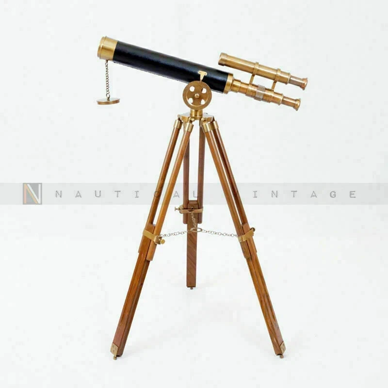 Nautical Navy Brass Double Barrel 18" Telescope With Wooden Tripod Stand Marine - Image 1 of 4