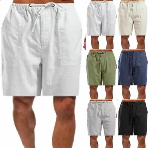 US Mens Cotton Linen Shorts Drawstring Summer Baggy Loose Half Pants Trousers - Picture 1 of 16