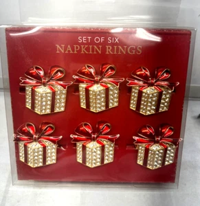 Set of 6 Christmas Gifts Red Bow Napkin Rings New NIB Nicole Miller - Picture 1 of 3