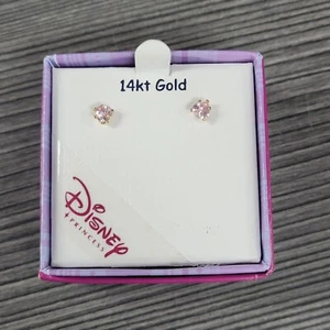 BRAND NEW 14K GOLD DISNEY PRINCESS 3X3 SQUARE PINK CUBIC ZIRCONIA EARRINGS - Picture 1 of 4