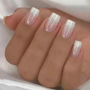 24pcs Glossy Short Coffin Press On Nails Pink Gradient Glitter Fake Nails - Picture 1 of 5