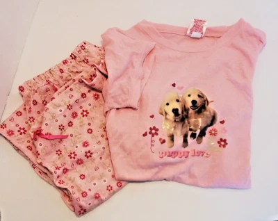 Niñas XL (18) Pijama Pijama Conjunto de 2 Piezas "Puppy Love" Nuevo con Etiquetas San Valentín Rosa y Flores Foto 1 de 4
